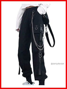 Women's High Waisted Baggy Cargo Pants with Chain Pockets